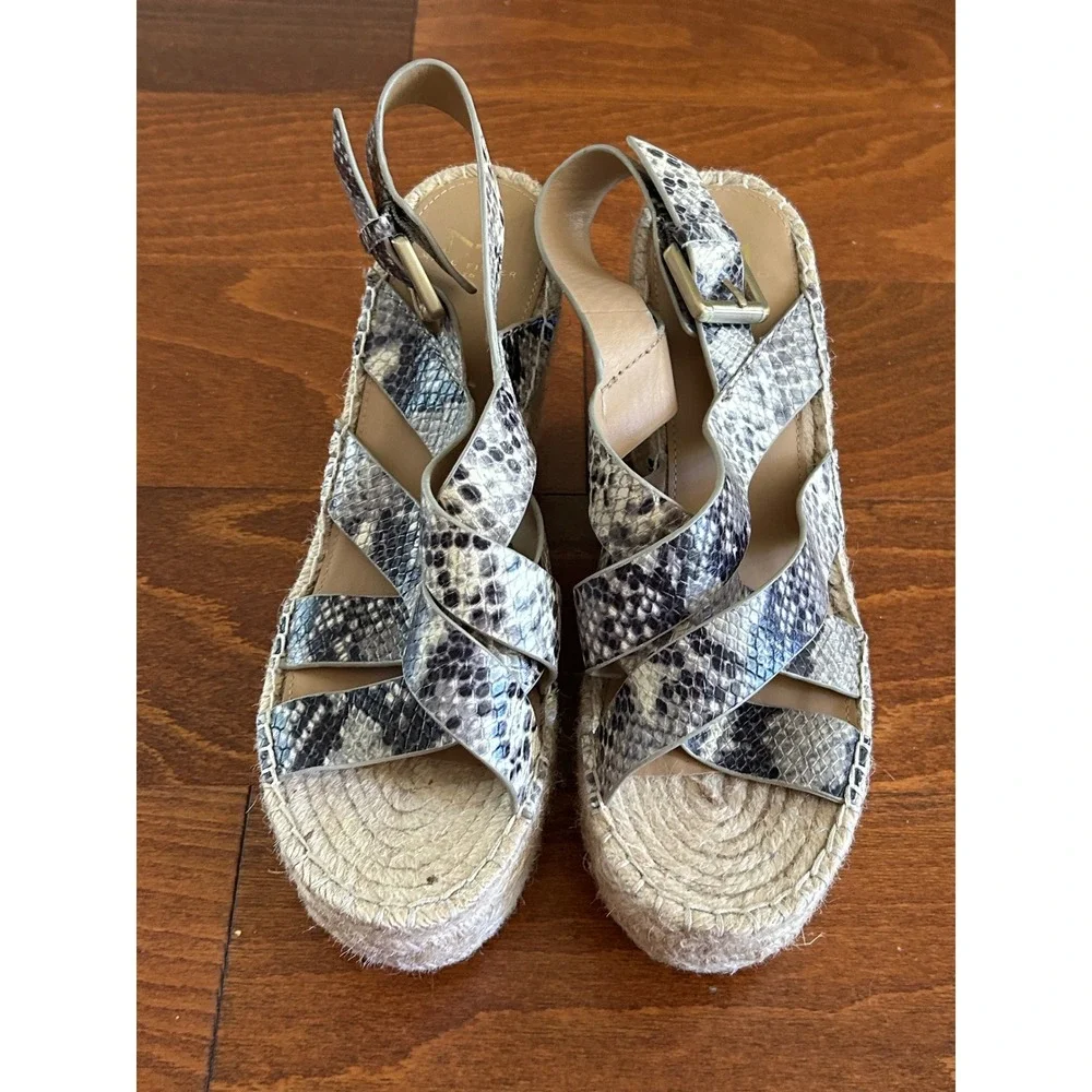 Marc Fisher Alenni Snakeskin Espadrille‎ Wedge Sandals Grey Black Leather 9.5 M